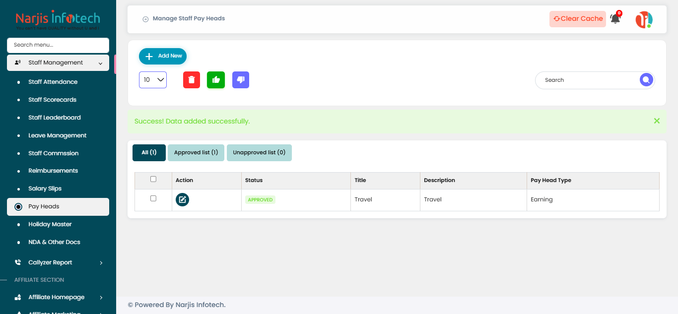 Pay Heads – screen