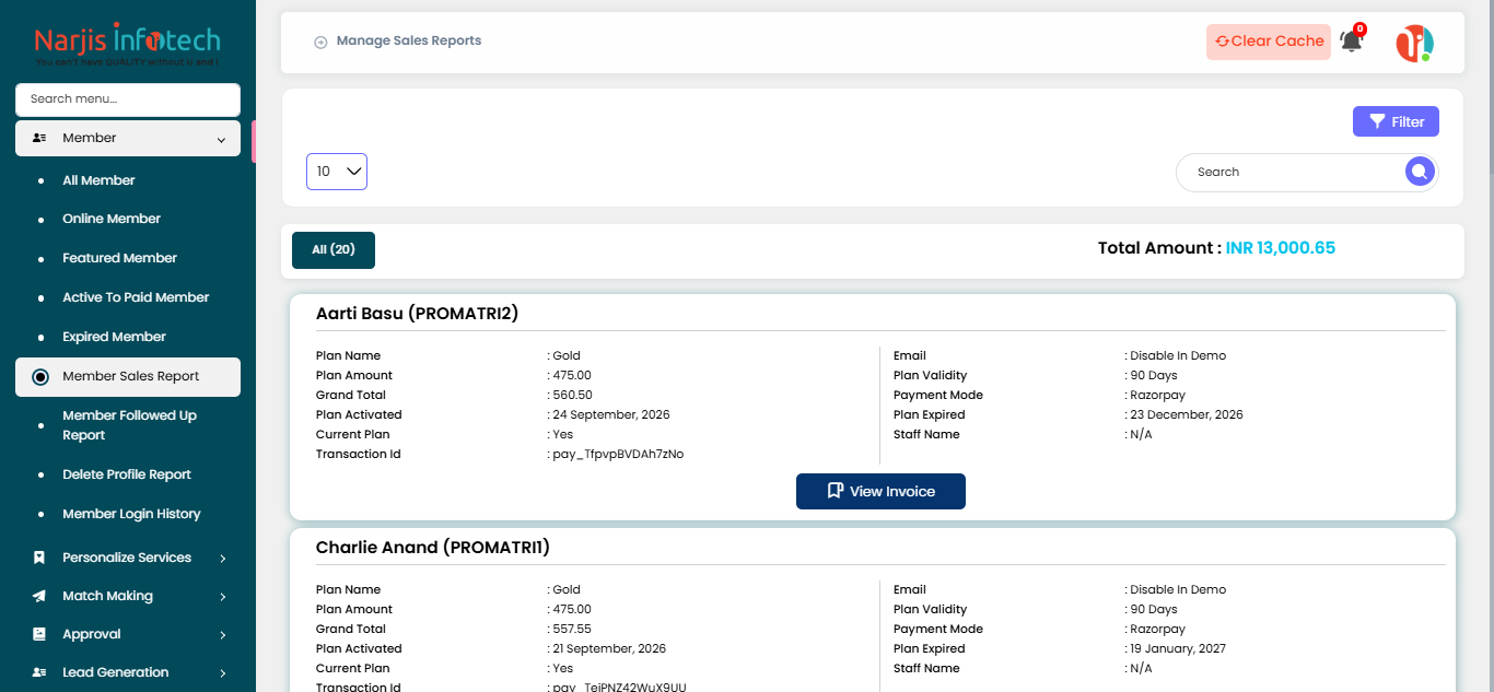 Member Sales Report – screen