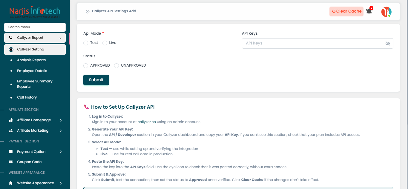 Callyzer Setting – screen