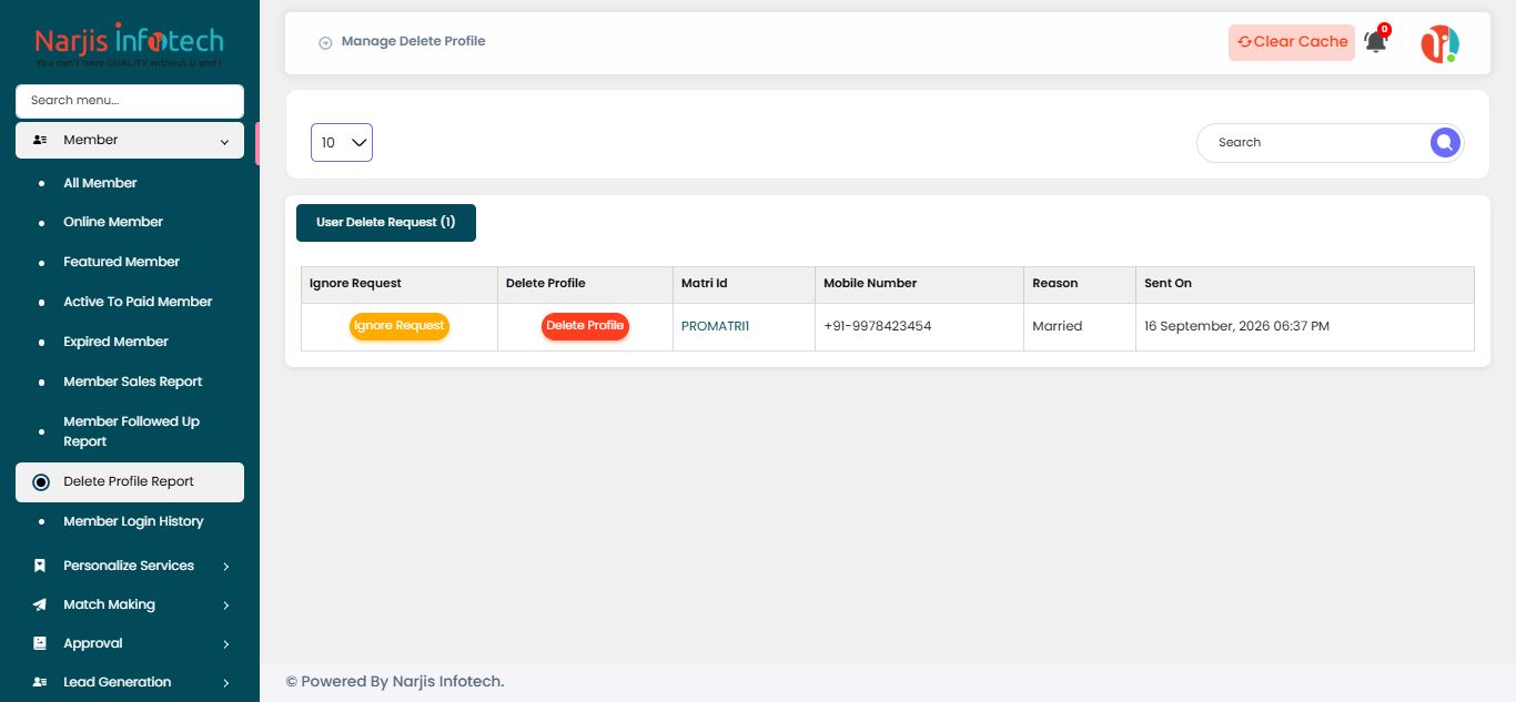 Delete Profile Report – screen
