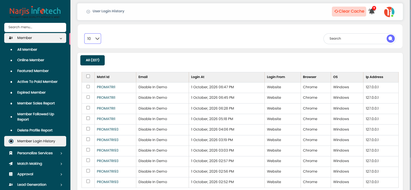 Member Login History – screen