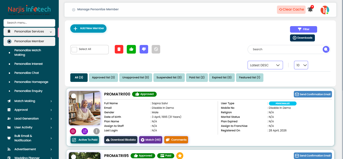 Personalize Member – options and actions