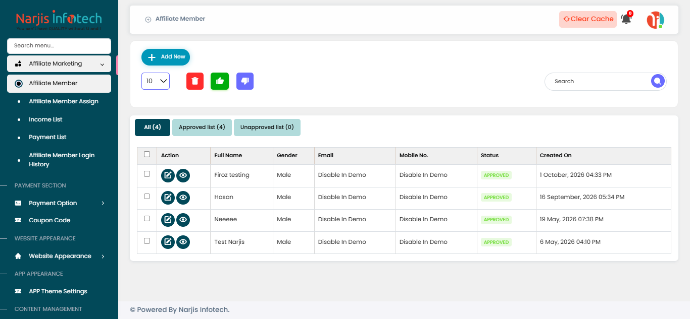 Affiliate Member – screen