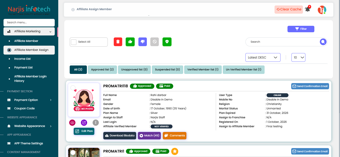 Affiliate Member Assign – screen
