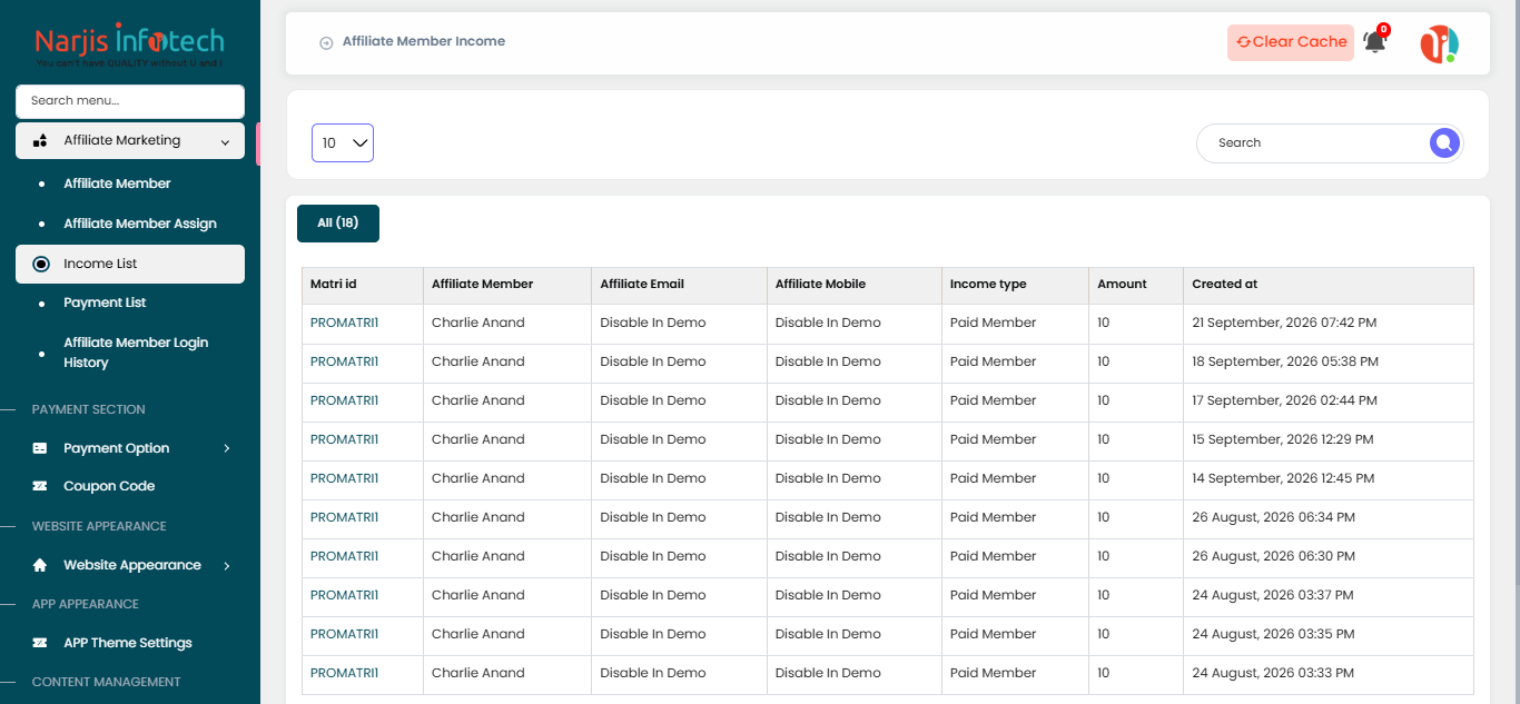 Income List – screen
