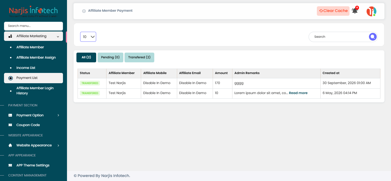 Payment List – screen
