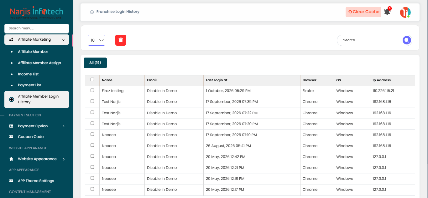 Affiliate Member Login History – screen