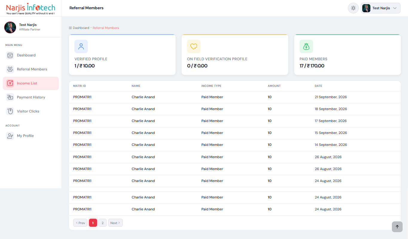 Income List (Portal) – screen