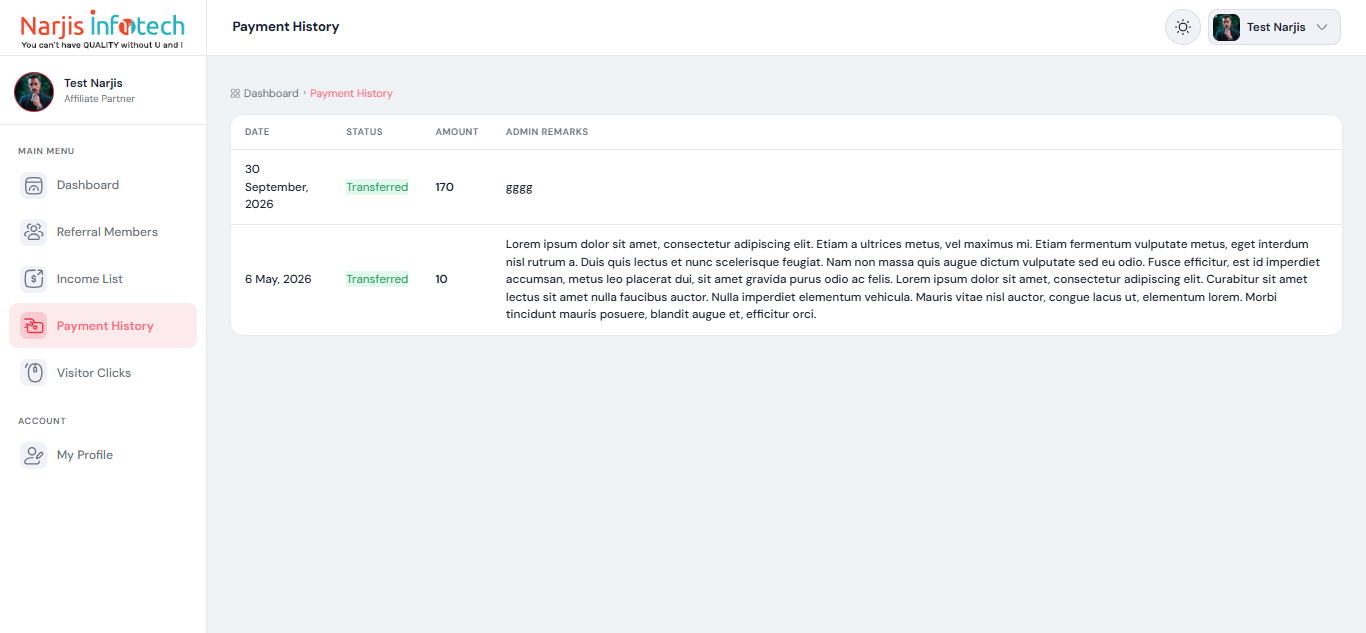 Payment History – screen