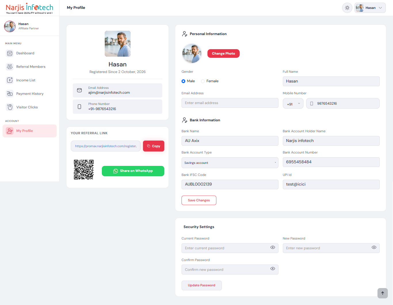 My Profile (Affiliate Portal) – screen