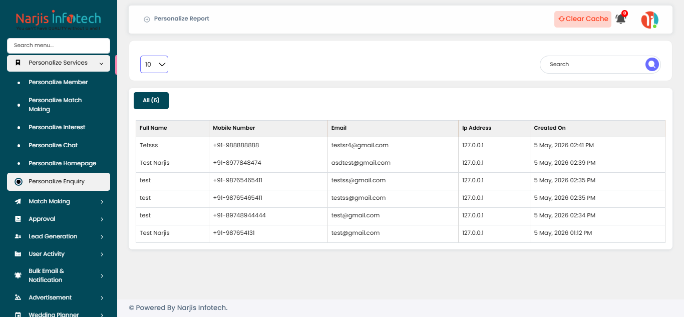 Personalize Enquiry – screen