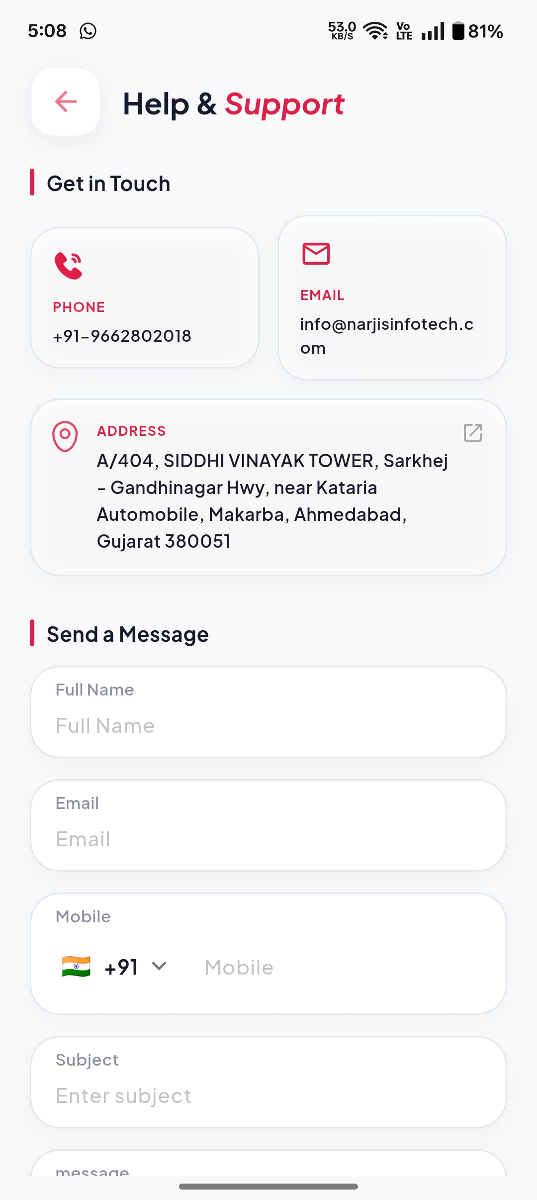 Contact Us – screen