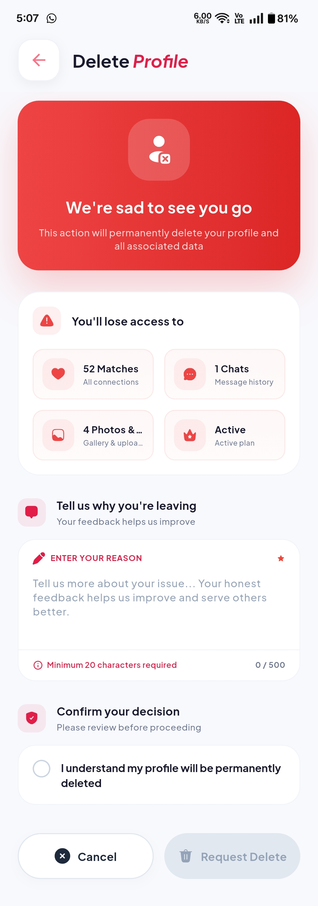 Delete Profile – screen