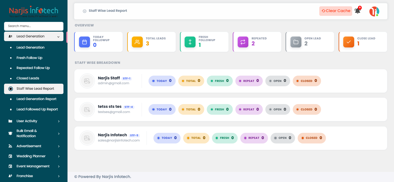 Staff Wise Lead Report – screen
