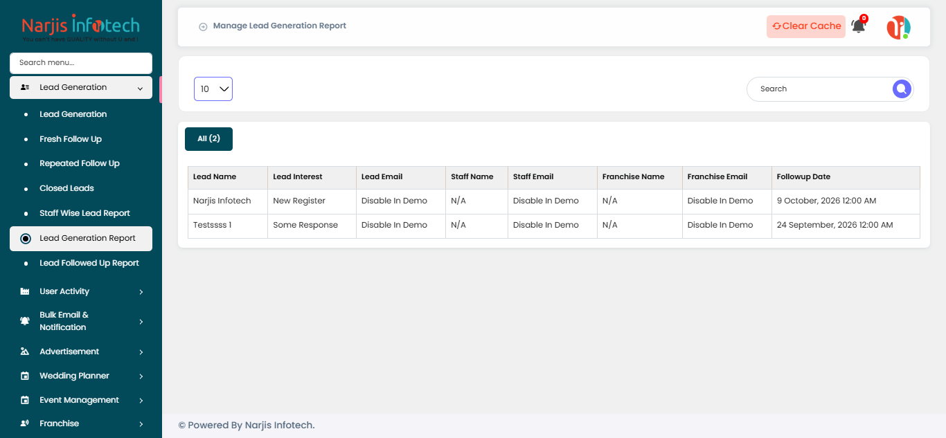 Lead Generation Report – screen
