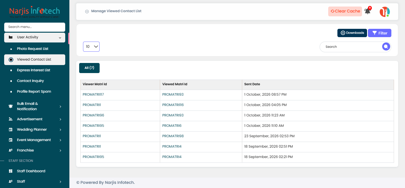 Viewed Contact List – screen
