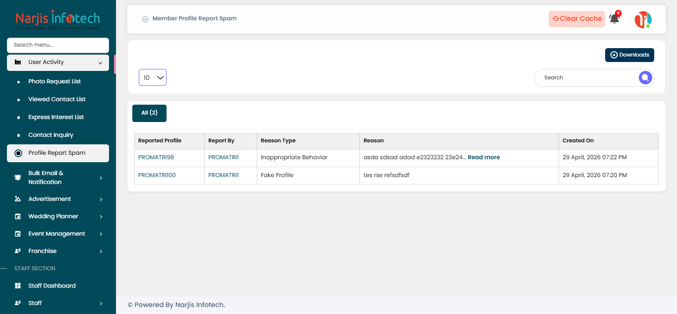 Profile Report Spam – screen