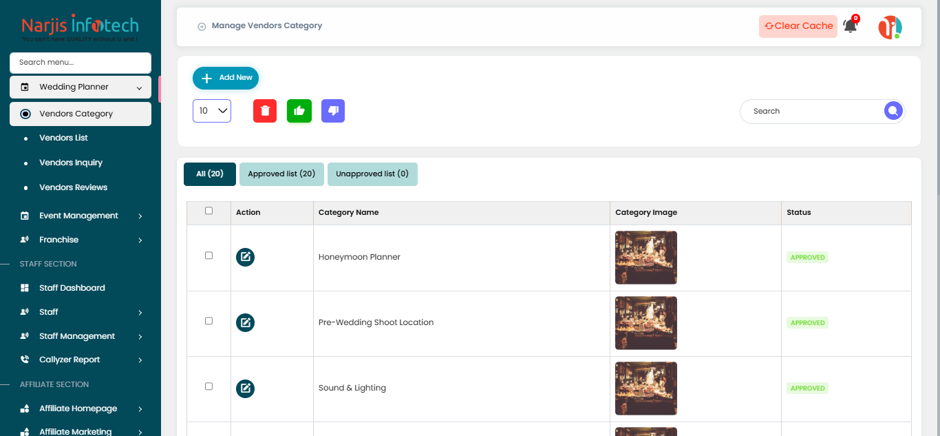 Vendors Category – screen