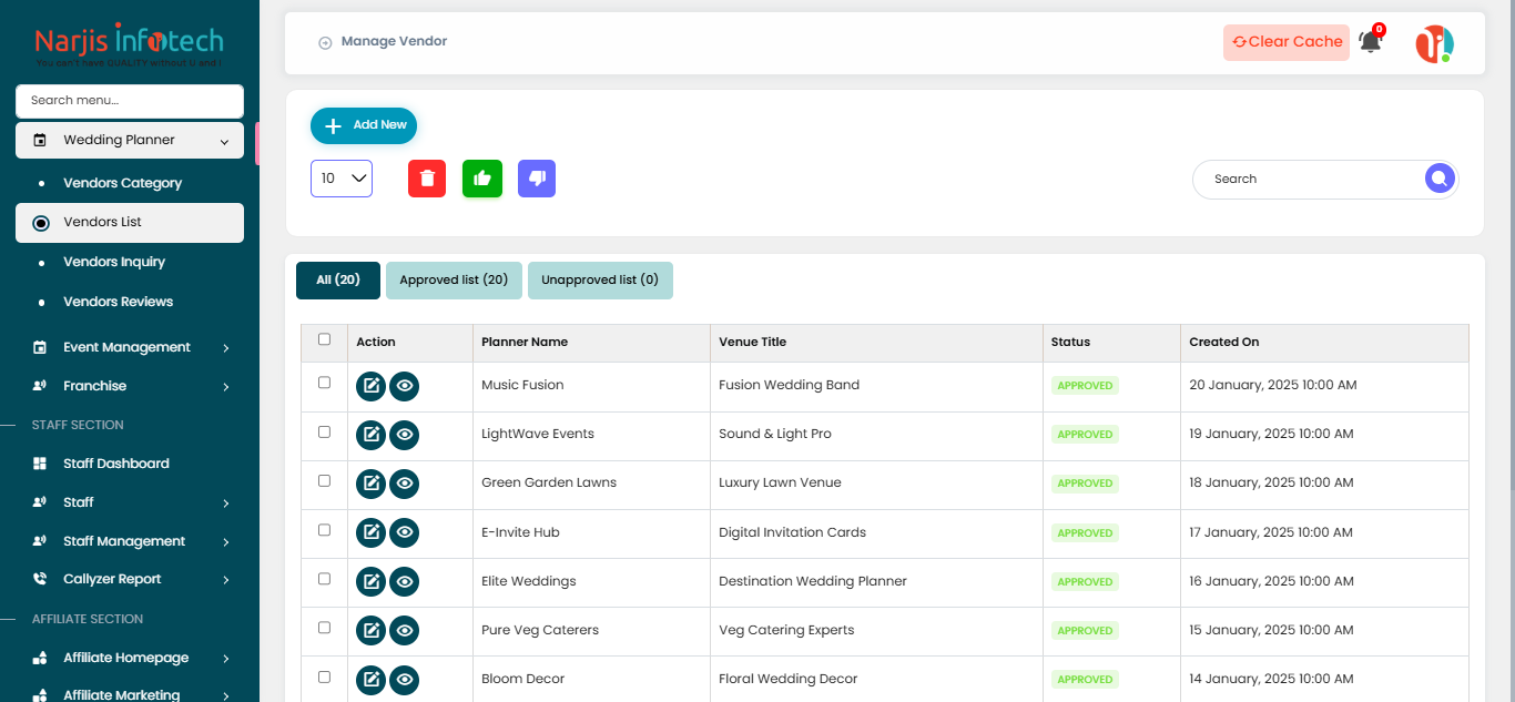 Vendors List – screen