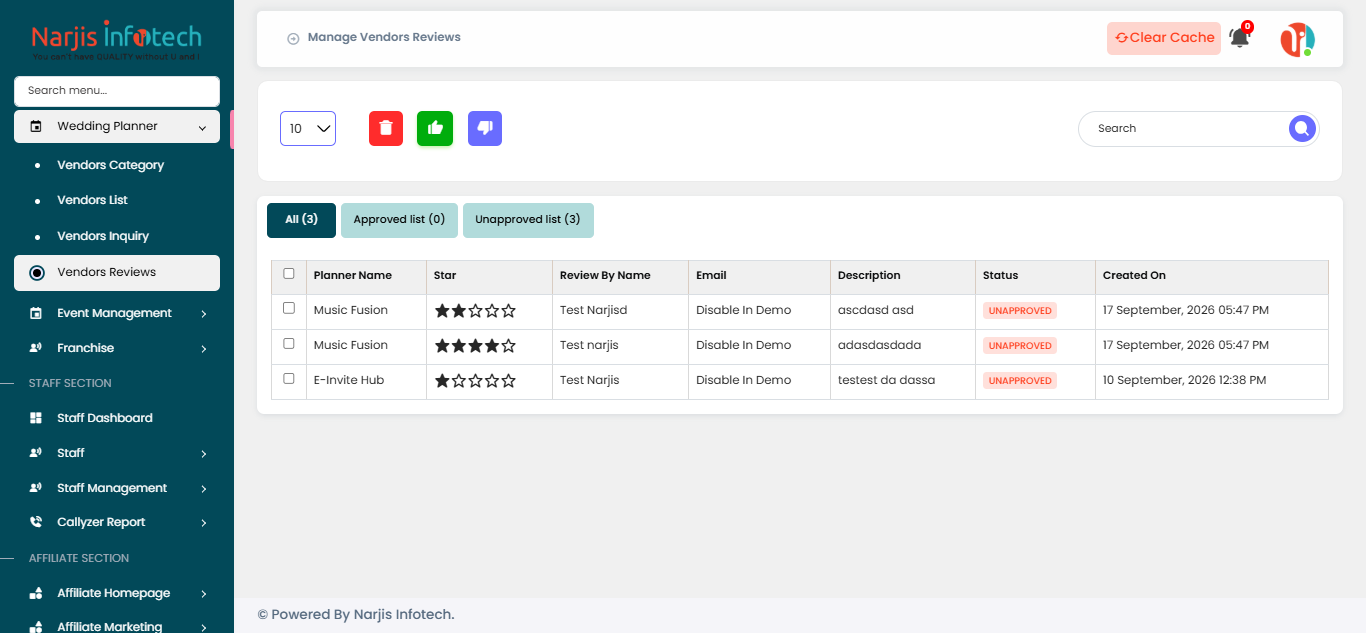 Vendors Reviews – screen