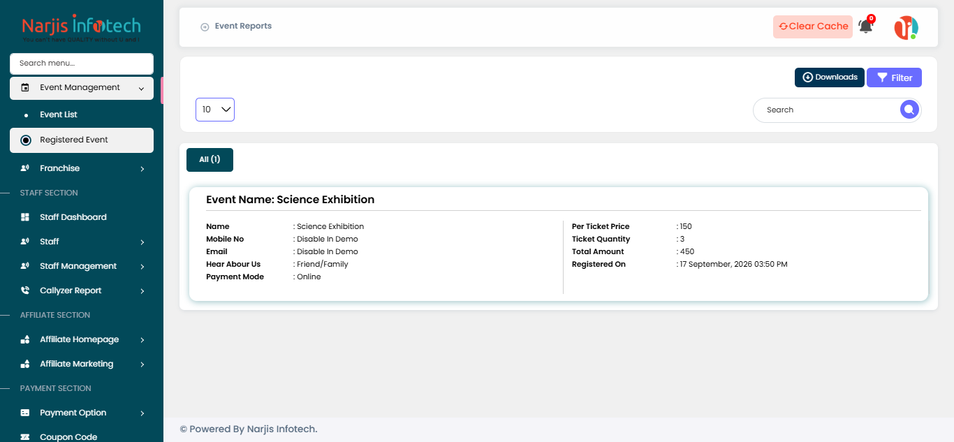 Registered Event – screen