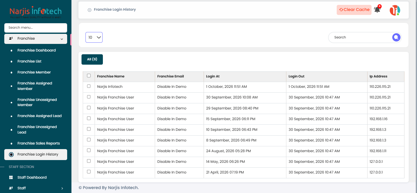Franchise Login History – screen