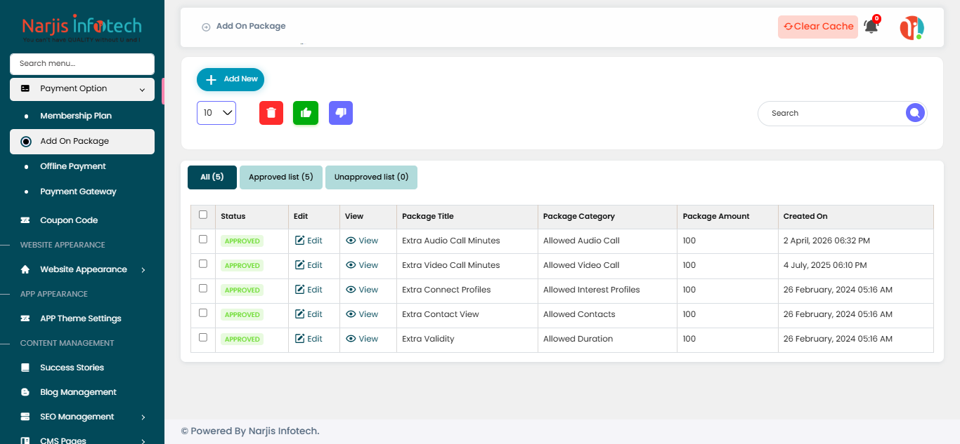 Add On Package – screen
