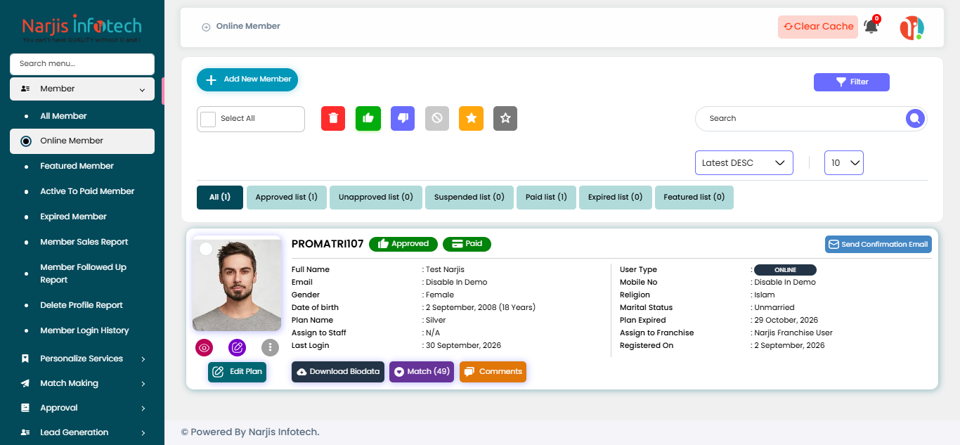 Online Members – screen