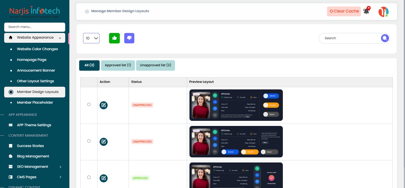 Member Layouts – screen