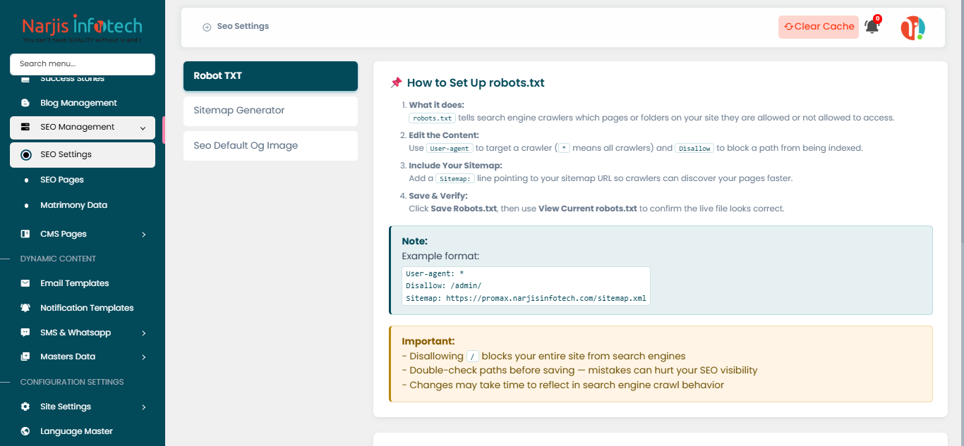 SEO Settings – screen