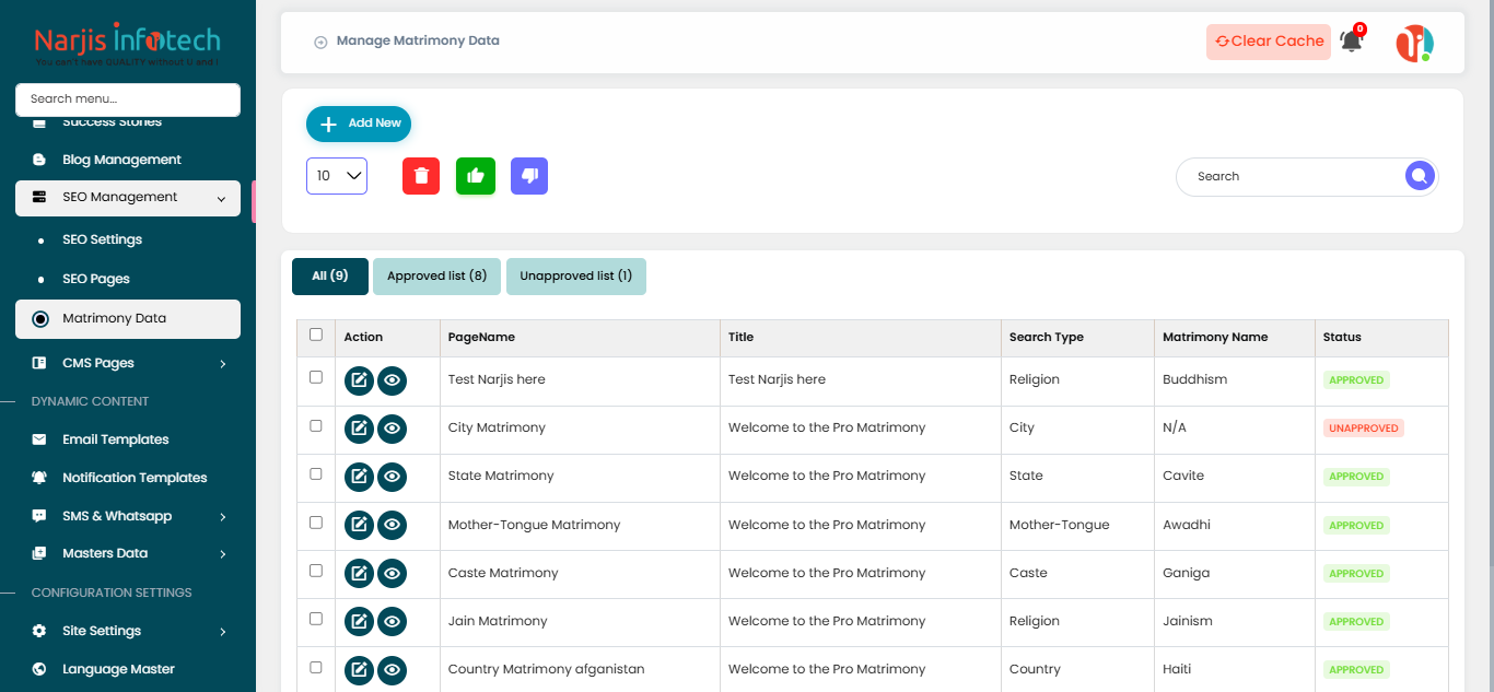 Matrimony Data (Community Pages) – screen
