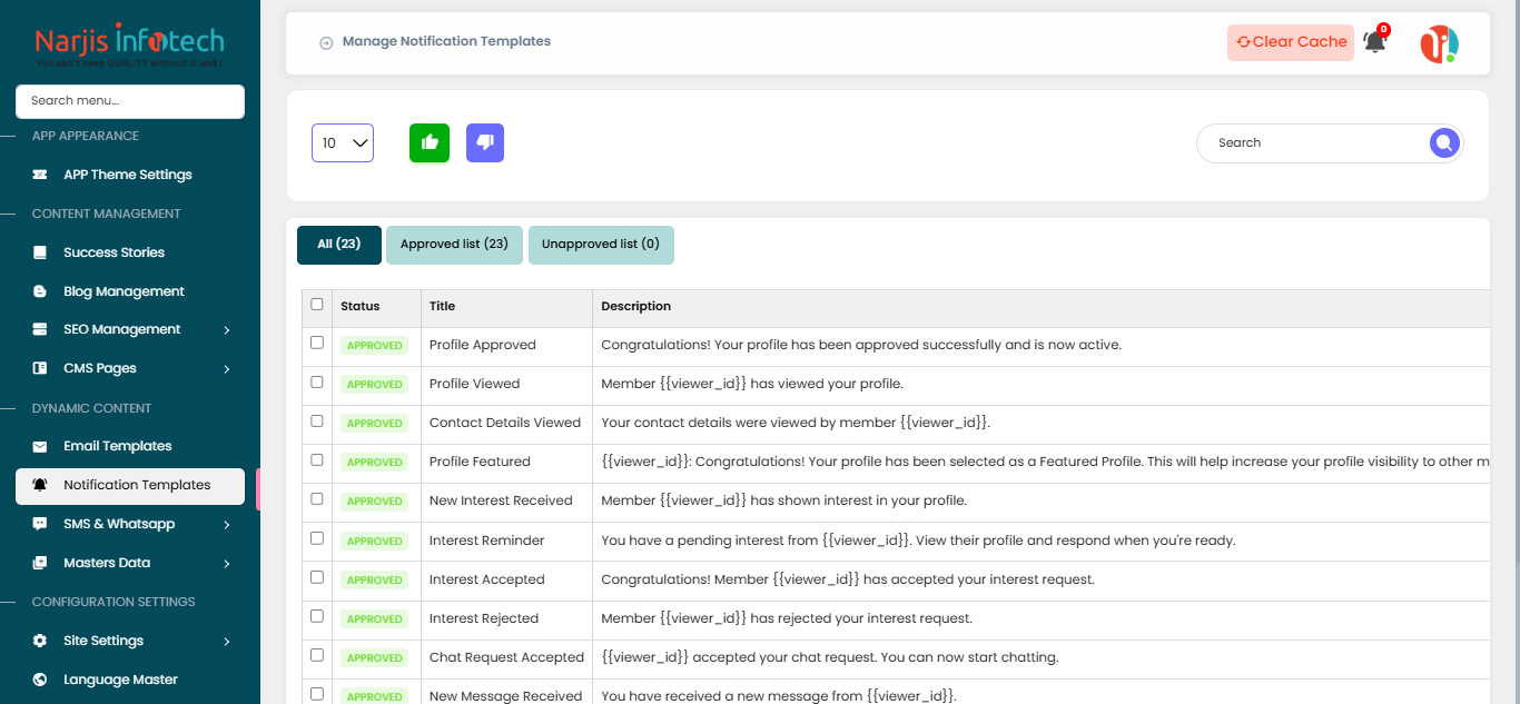 Notification Templates – screen