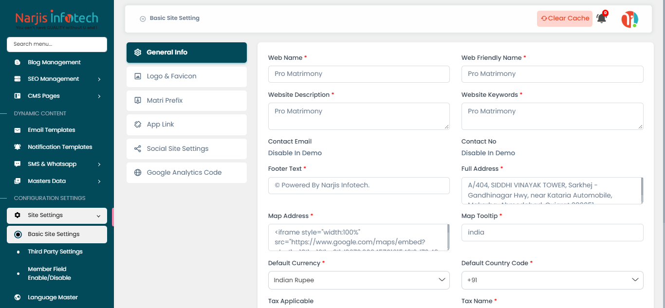 Basic Site Settings – screen