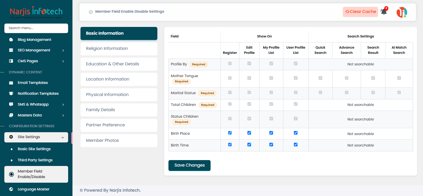 Member Field Enable/Disable – screen