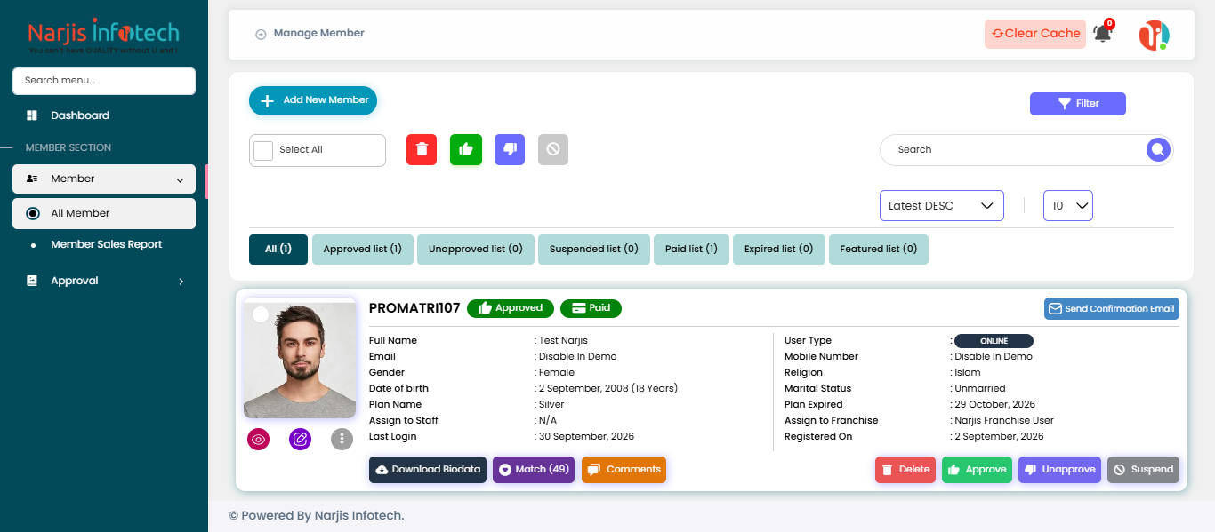 Franchise Member (Panel) – screen