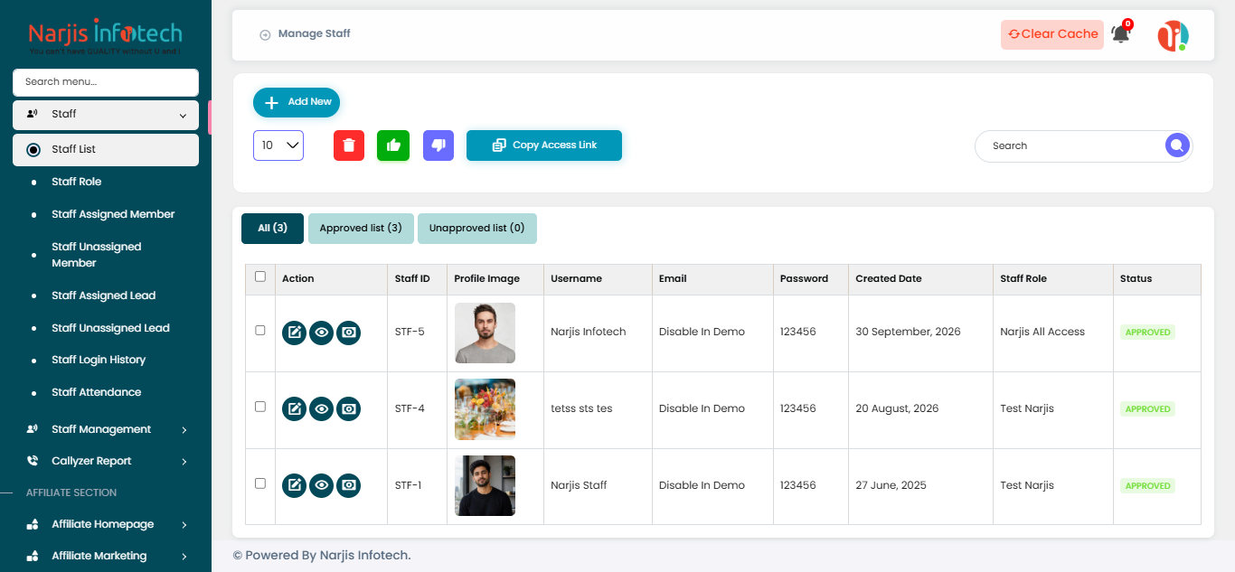 Staff List – screen