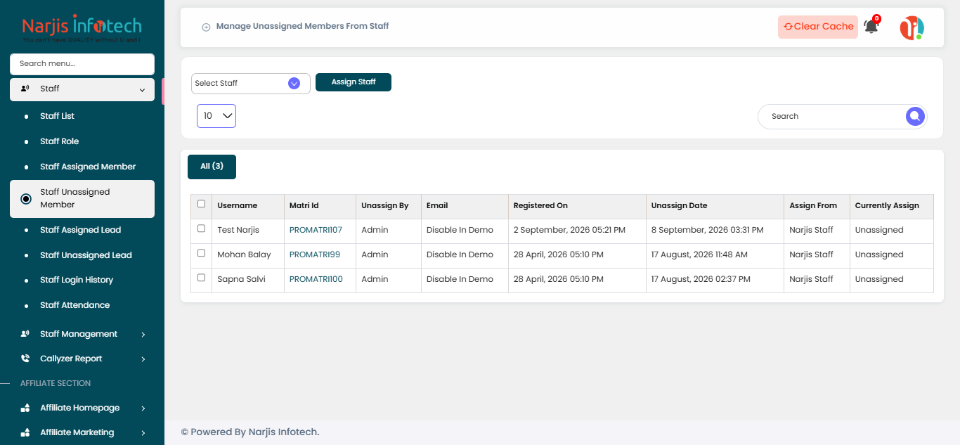 Staff Unassigned Member – screen